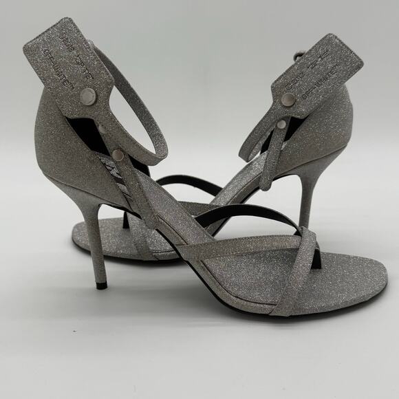 OFF-WHITE Virgil Abloh Glitter Zip Tie Silver Heeled Sandal NWB EU 39 US 9 $1195 - Picture 1 of 9